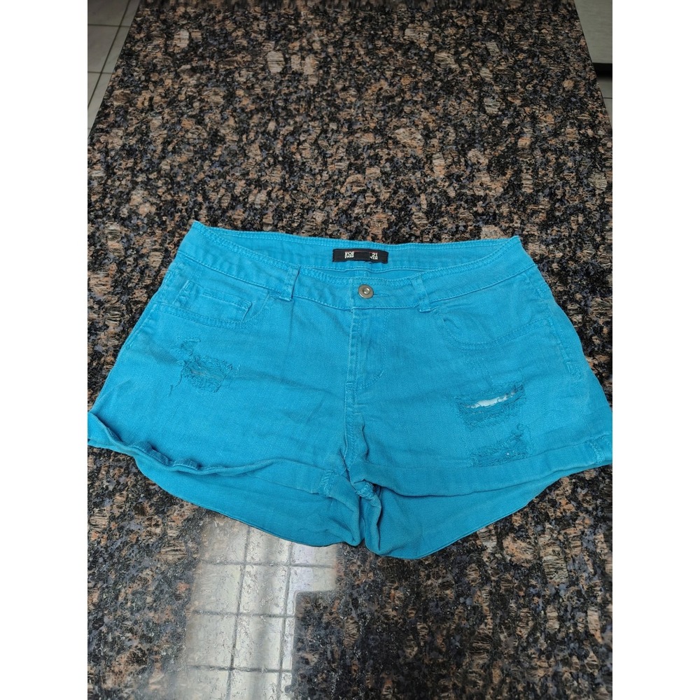 Forever 21 Premium Denim Distressed Cuffed Shorts Turquoise Blue Size 26
